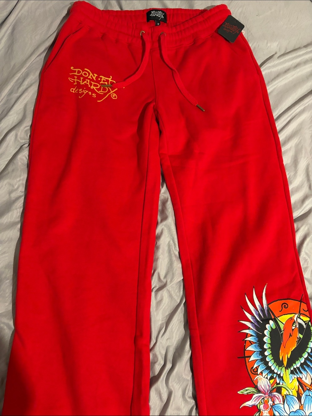 Ed Hardy Red Sweatpants with Colorful Graphic Wing Design